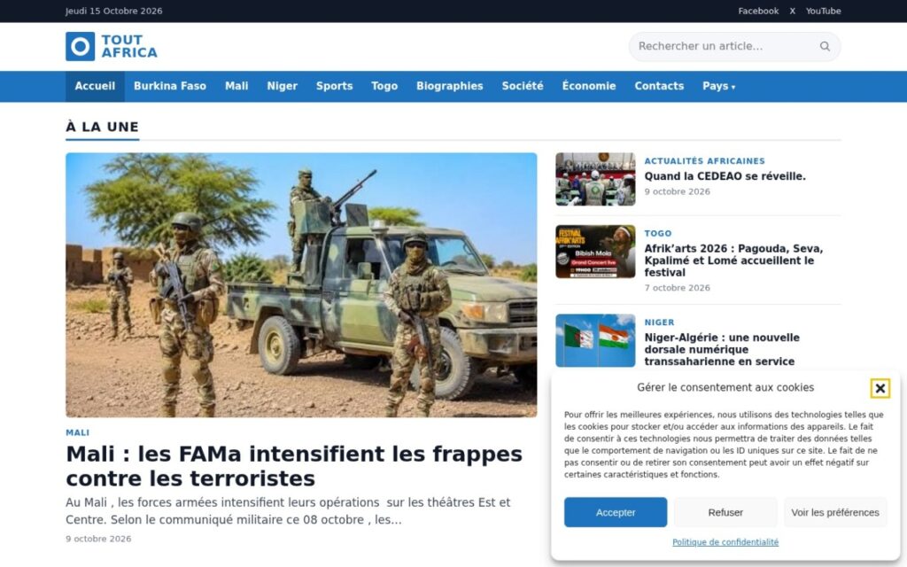Site Tout Africa réalisé par NENE PRO, vue ordinateur